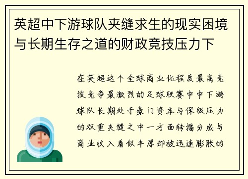 英超中下游球队夹缝求生的现实困境与长期生存之道的财政竞技压力下 英超中下游球队夹缝求生的现实困境与长期生存之道的财政竞技压力下